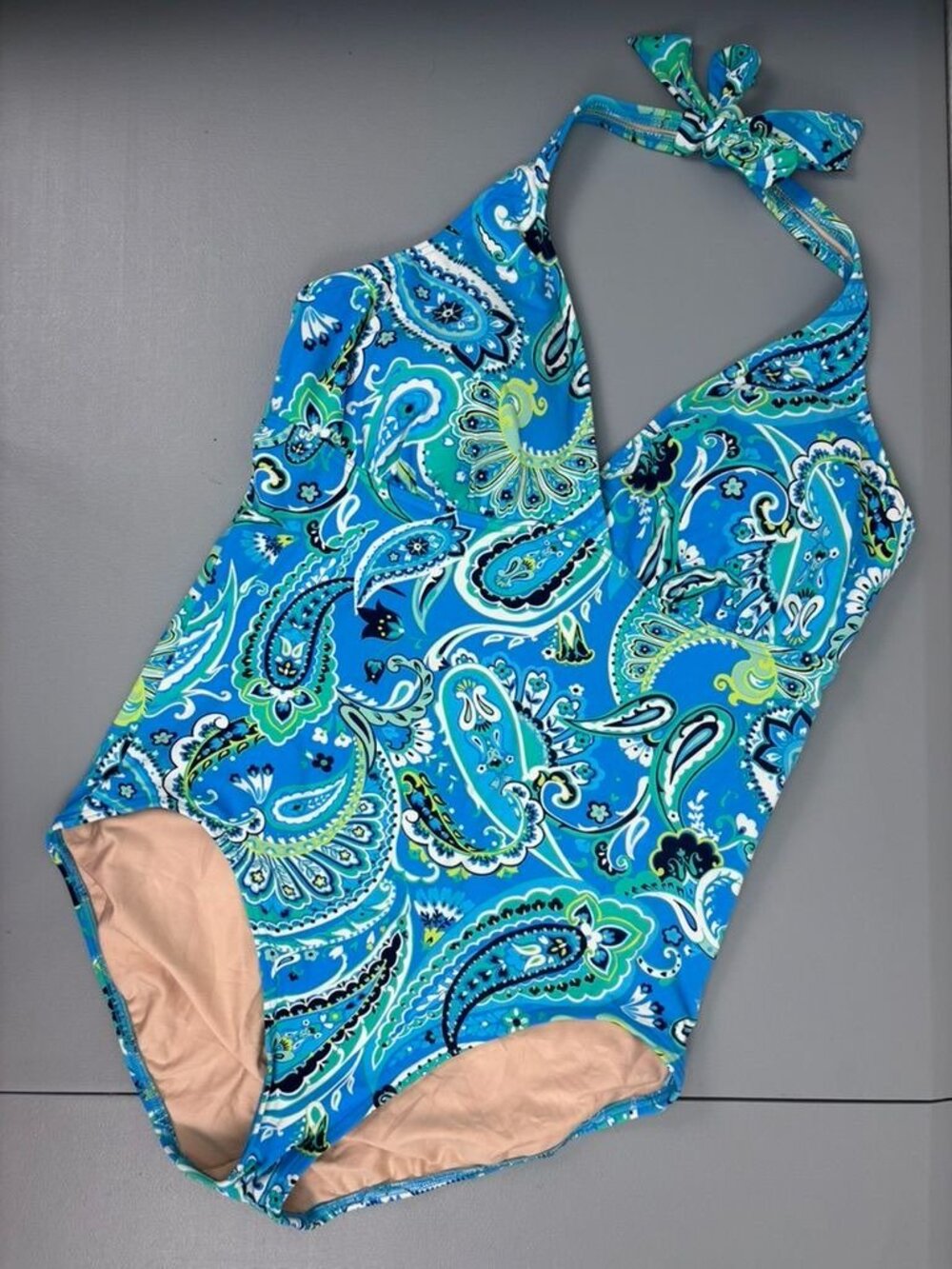 Lands' End women's 14 blue green paisley halter one piece swimsuit swimwear